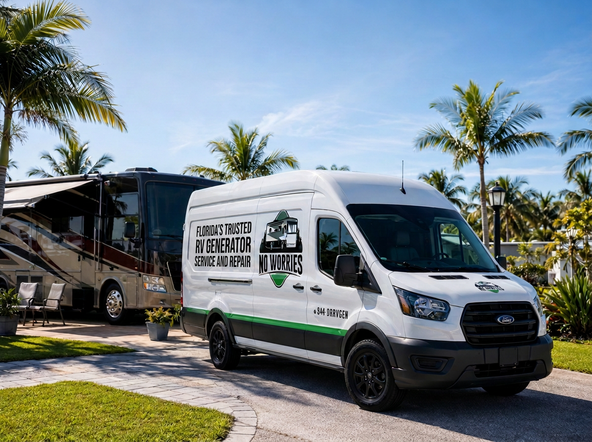 No Worries Mobile RV Service van parked beside a motorhome for mobile RV generator repair in Tampa, Florida